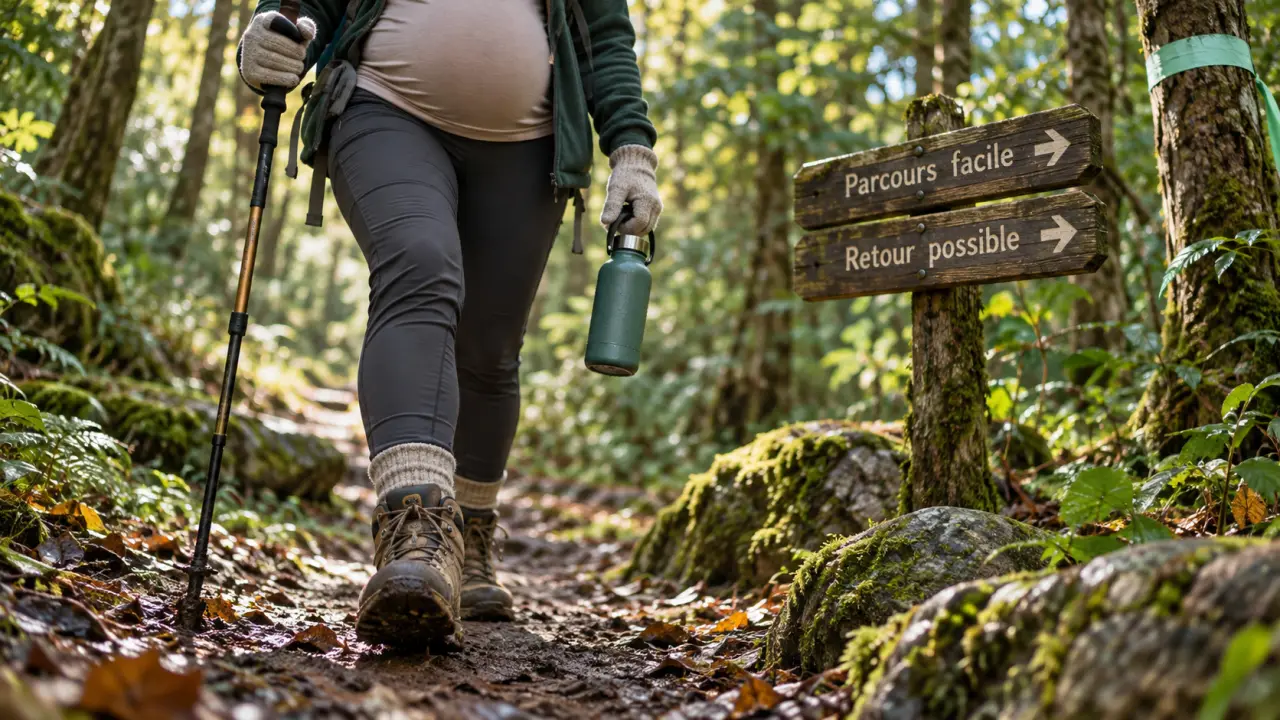 Rando enceinte : femme enceinte sur sentier facile en forêt, panneau Parcours facile