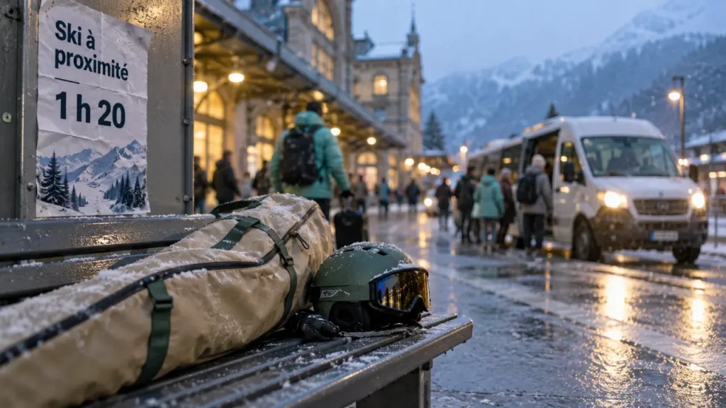 Ski à proximité : valise et casque devant une gare, station proche pas toujours la plus rapide