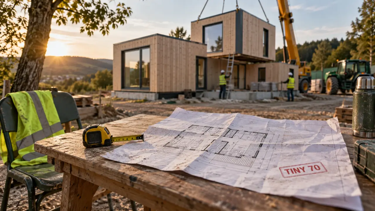 tiny house 70 m2 en cours d’assemblage sur terrain