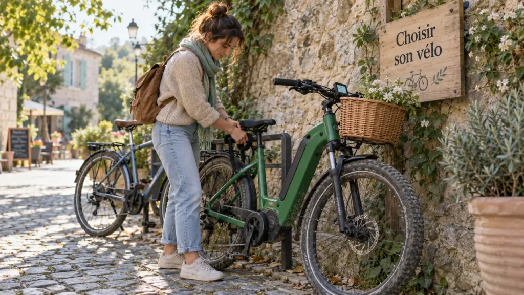 Velo ecolo sans batterie : femme gare un vélo électrique